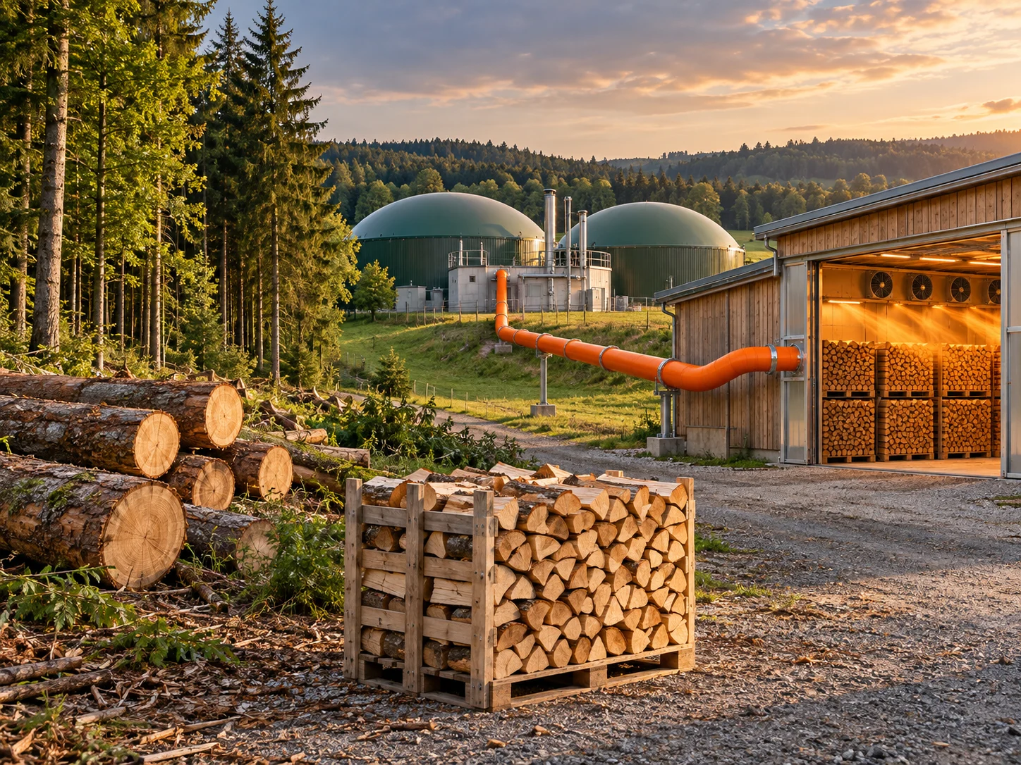 Wald, Biogasanlage mit Wärmeleitung und eine Holztrocknung mit gestapeltem Brennholz